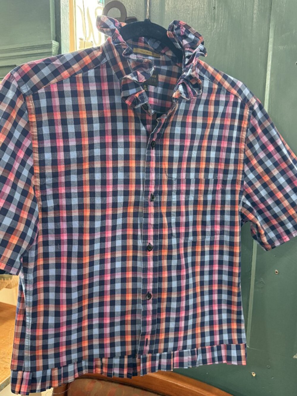 SADDLEBREAD Navy, Orange, Pink Check Upcycled  Repurposed One-of-Kind Shirt